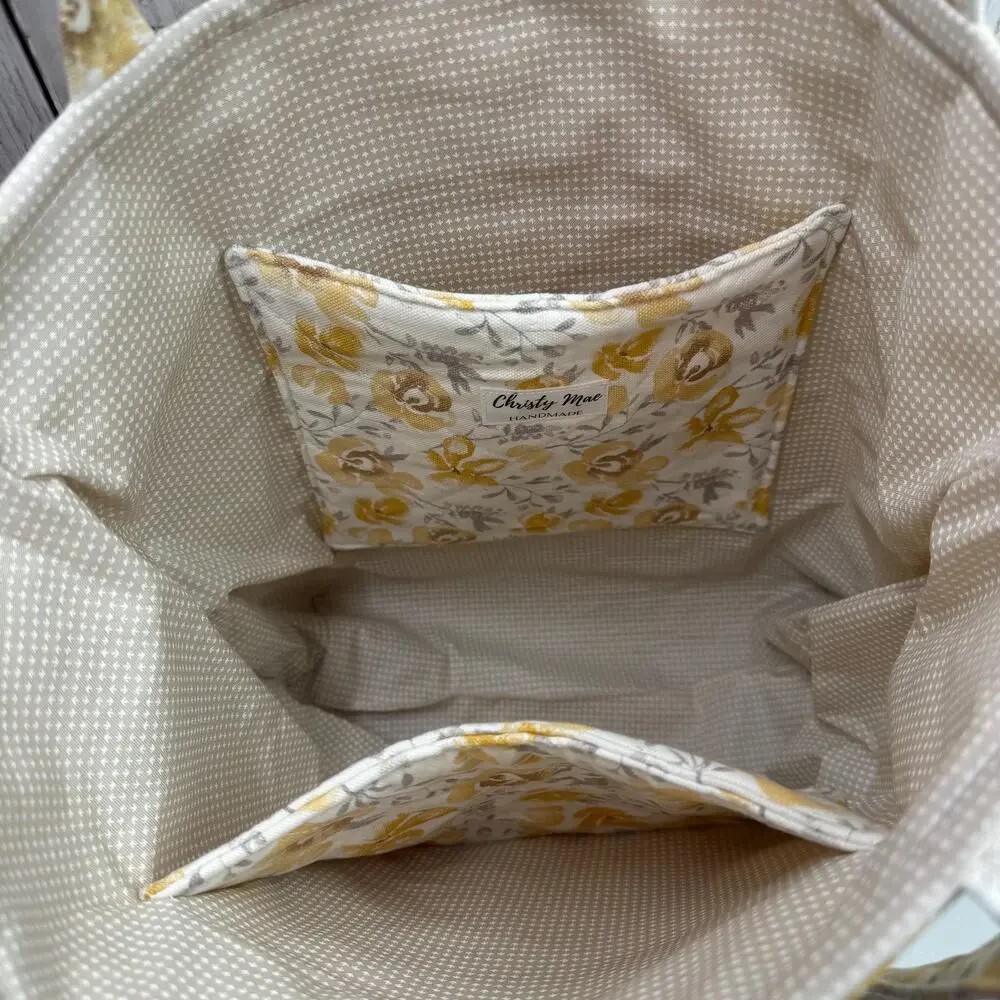 Quilted Yellow Floral Tote Bag Denim Accent : Matching Zipper Pouch Included